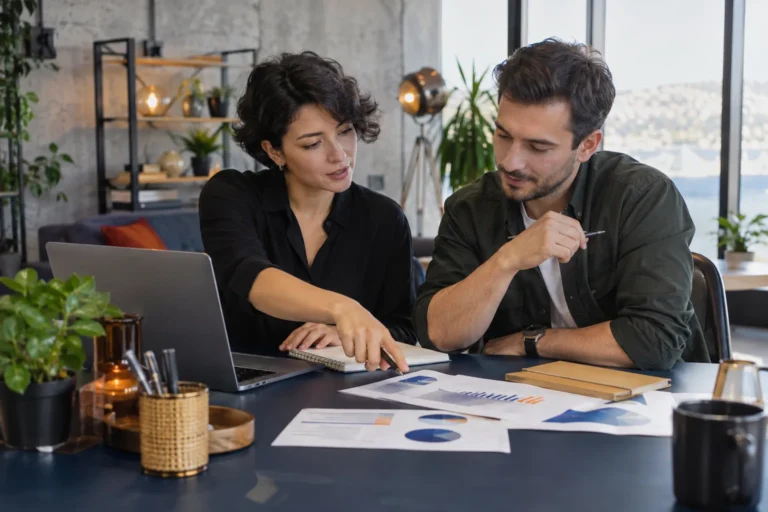 Ofiste SEO çalışma planını değerlendiren iki danışman — temsili görsel